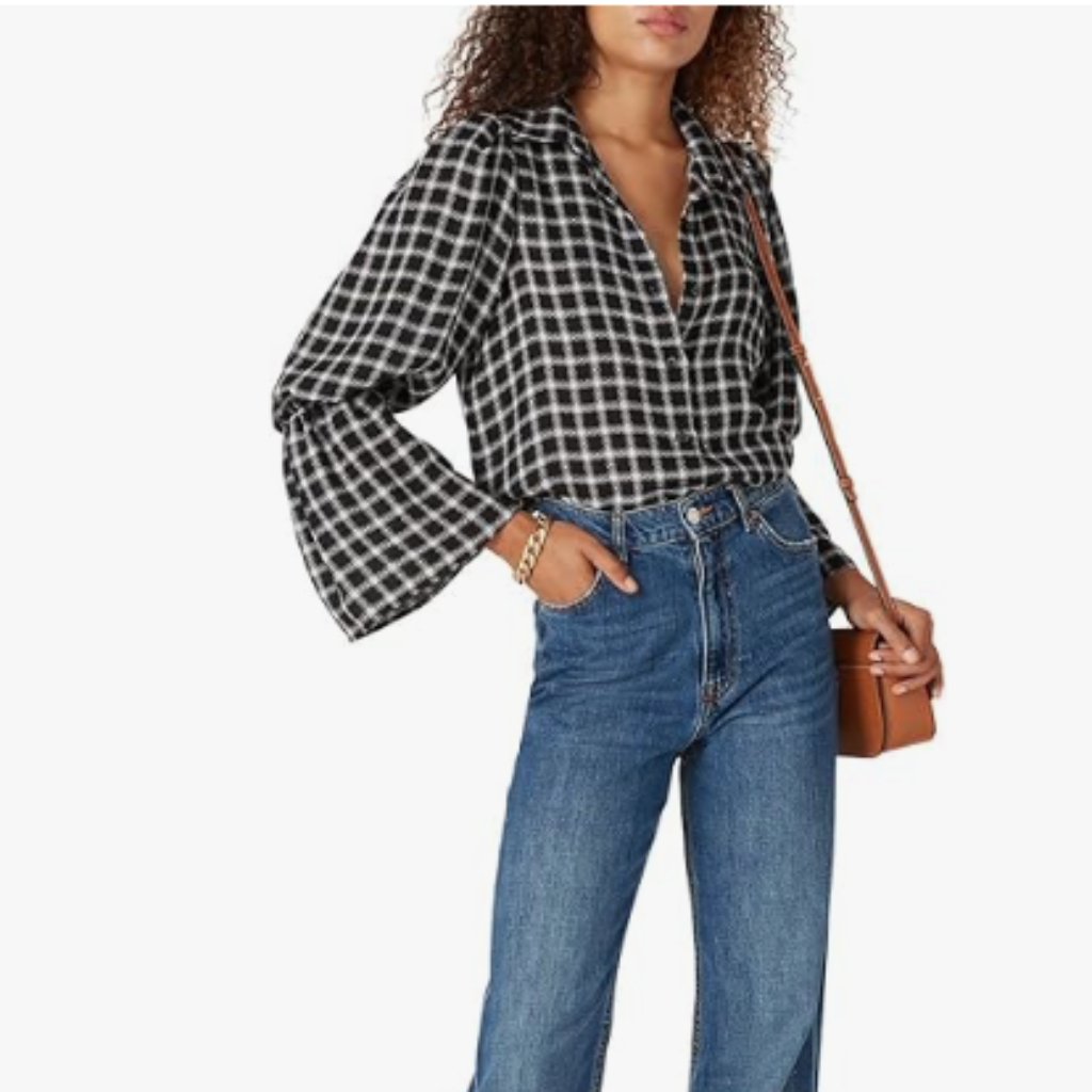 Waverly Grey River Plaid Black Blouse Sz Xs